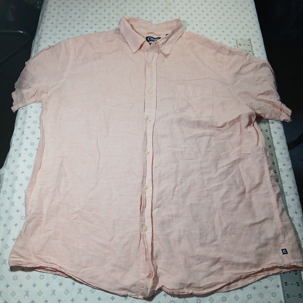 Chaps Button Up Shirt Men’s Large XXL Pink Short Sleeve Pocket Linen Cotton